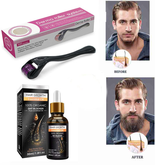 Hair Growth Essential Oil Regrowth Treatment + Derma Roller 0.5 mm 540 Titanium Needles